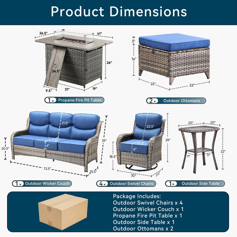 10 Pieces Patio Furniture Set, Outdoor Wicker Sofa Couch With Swivel Chairs 41" Fire Pit Table, All Weather High Back Modern Conversation Sets, Rattan