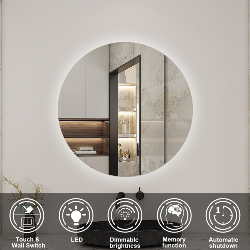 Bathroom LED Mirror with Lights Touch Sensor Switch, 700x700mm, Round