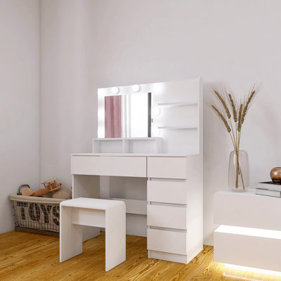 Coiffeuse, ensemble de coiffeuse avec miroir et lumière, beaucoup de rangement pour coiffeuse avec multiprise, 3 modes d'éclairage avec luminosité réglable