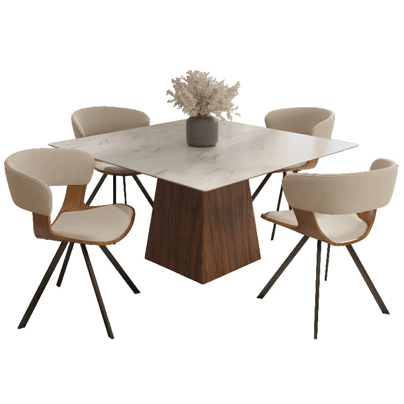 Ensemble de salle à manger 5 pièces avec table de salle à manger carrée avec plateau en pierre frittée blanche et 4 chaises rembourrées
