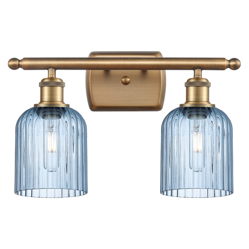 Brysin 15" W 2-Light Dimmable Metal Vanity Light with Glass Shades, Brushed Brass, Princess Blue