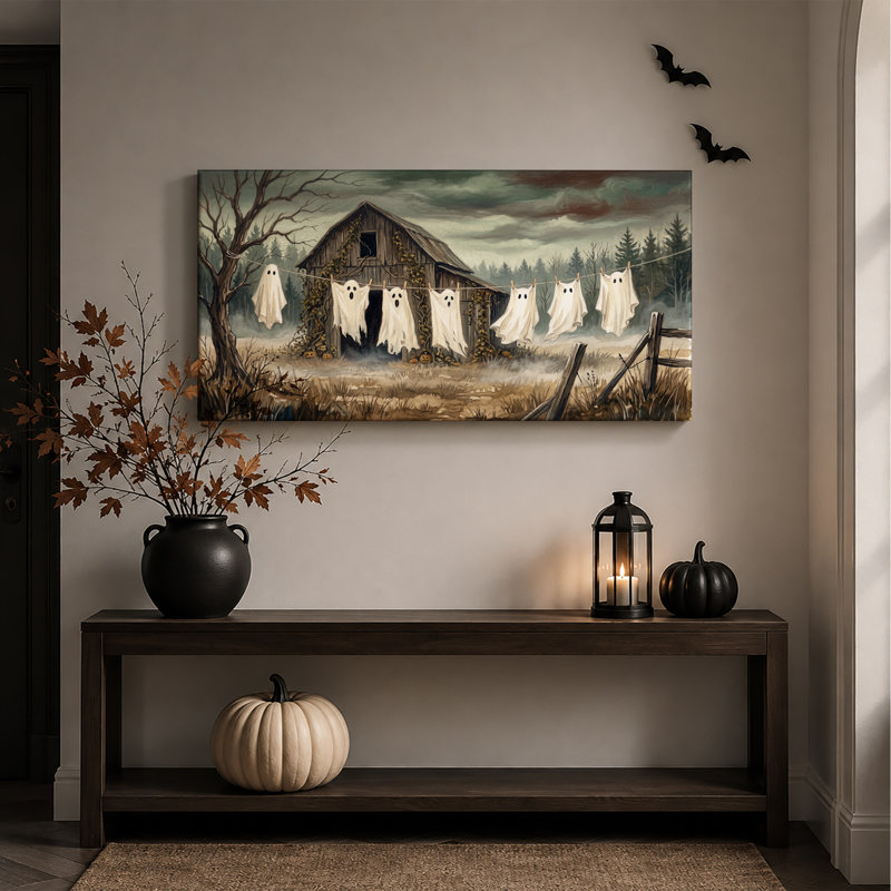 Toile blanche fantôme blanche suspendue à une corde à linge d'Halloween, L 40 po x H 20 po