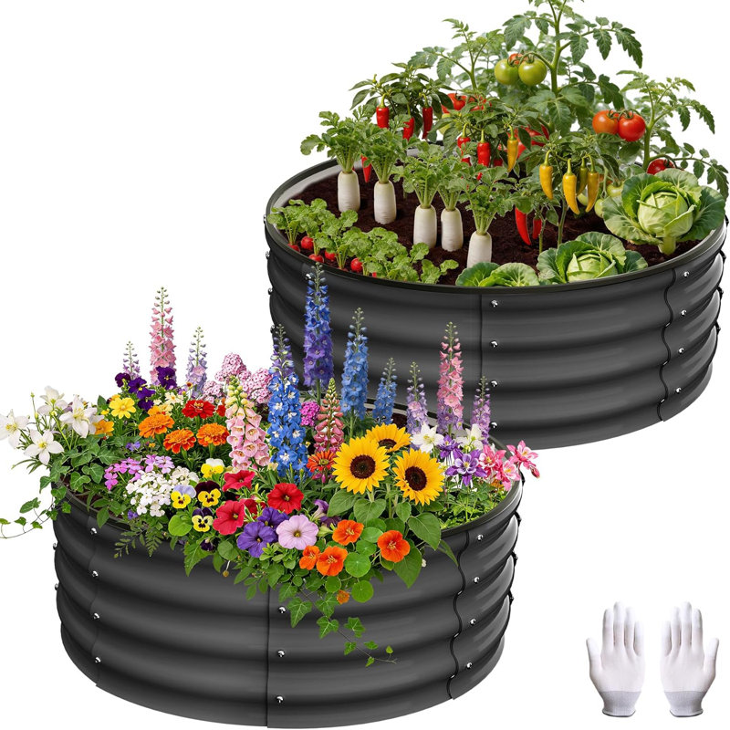 3*3*1FT Raised Garden Bed Set of 2 – Round Galvaniz Planter Box, Open Bottom Design for Drainage, Weather Resistant Anti-Rust Circular Plant Bed for Vegetables, Flowers, Herbs, Gray