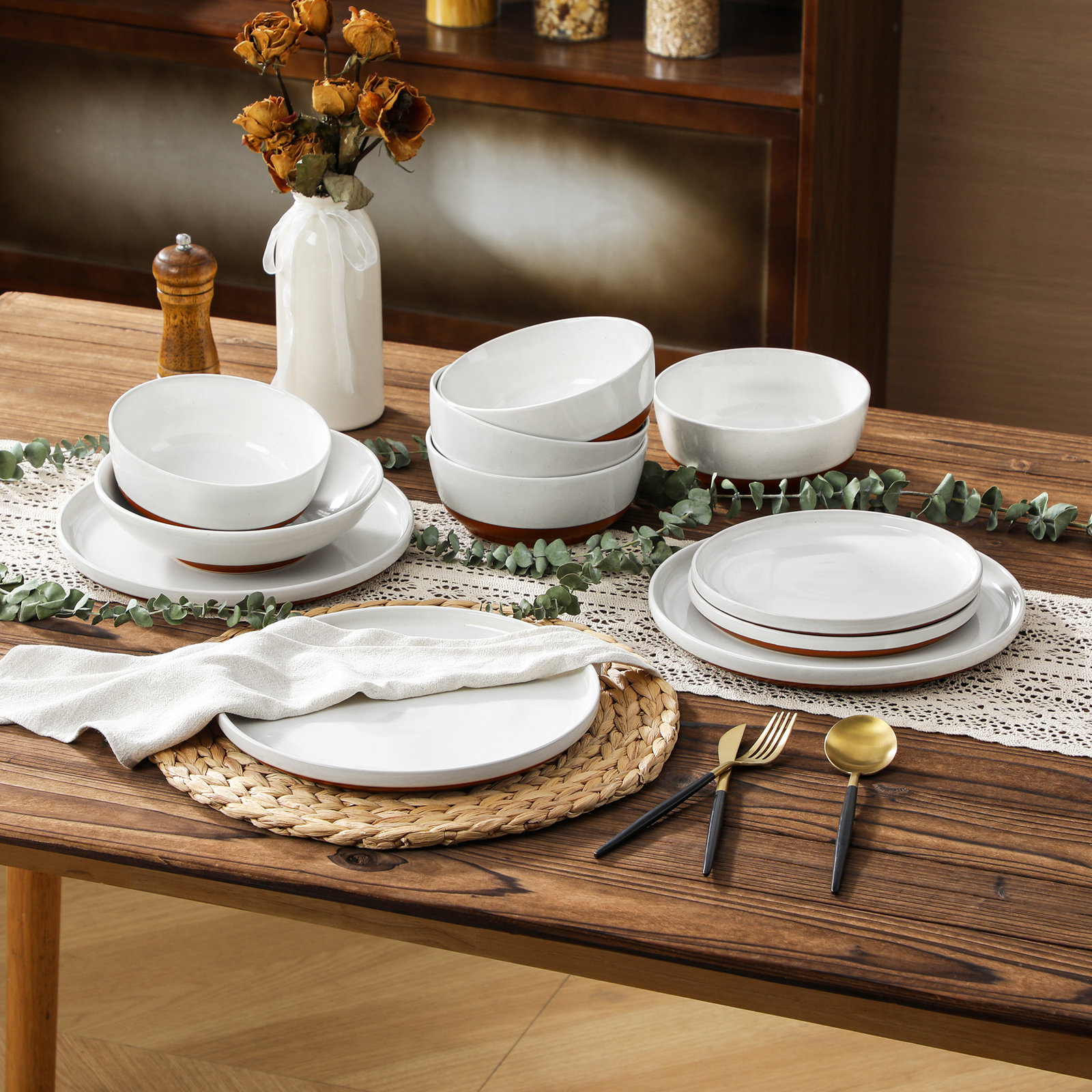 Organic Modern 24-Piece Dinnerware Set For 6, White Glaze With Exposed Khaki Clay Base, Earthy Two-Tone Tableware
