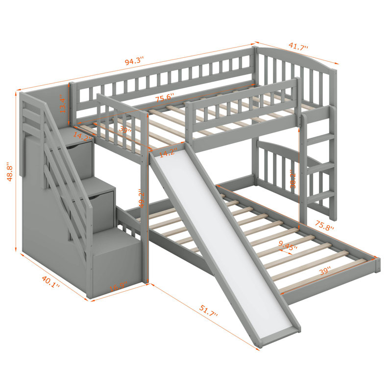 Stairway Twin Over Twin Bunk Bed With Two Drawers And Slide, Grey