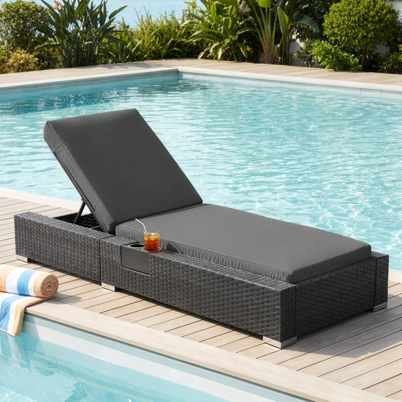   Outdoor PE Wicker Chaise Lounge Chair Adjustable Backrest with Cushion for Patio, Garden, Poolside, Dark Gray