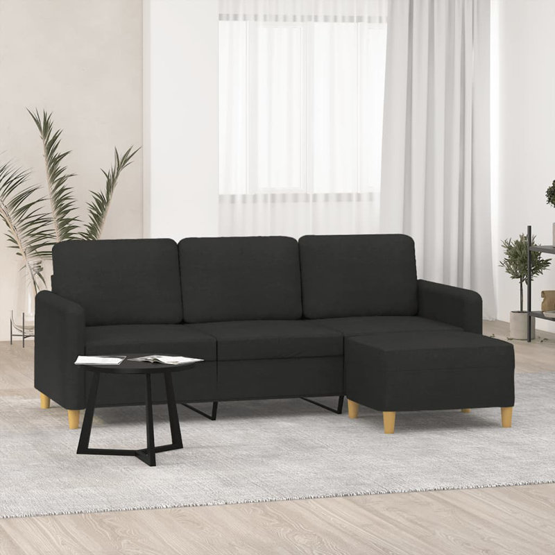 Canapé 3 places avec repose-pieds noir Vidaxl, Tissu noir, Naturel
