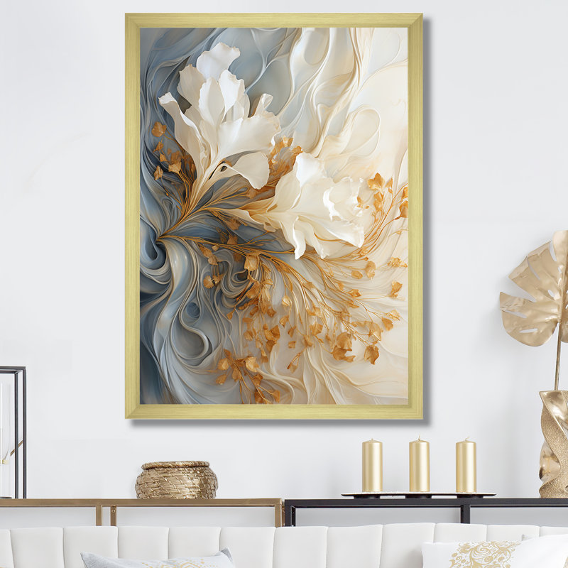Champagne blanc et or blanc V - Champagne, art mural, Encadrement doré, H 44 po x l 34 po x P 1,5 po