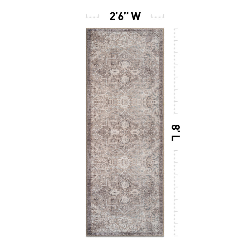 Savina Beige Persian-Inspired Machine Washable Area Rug With Non-Slip Backing, Runner 2'6" x 8'
