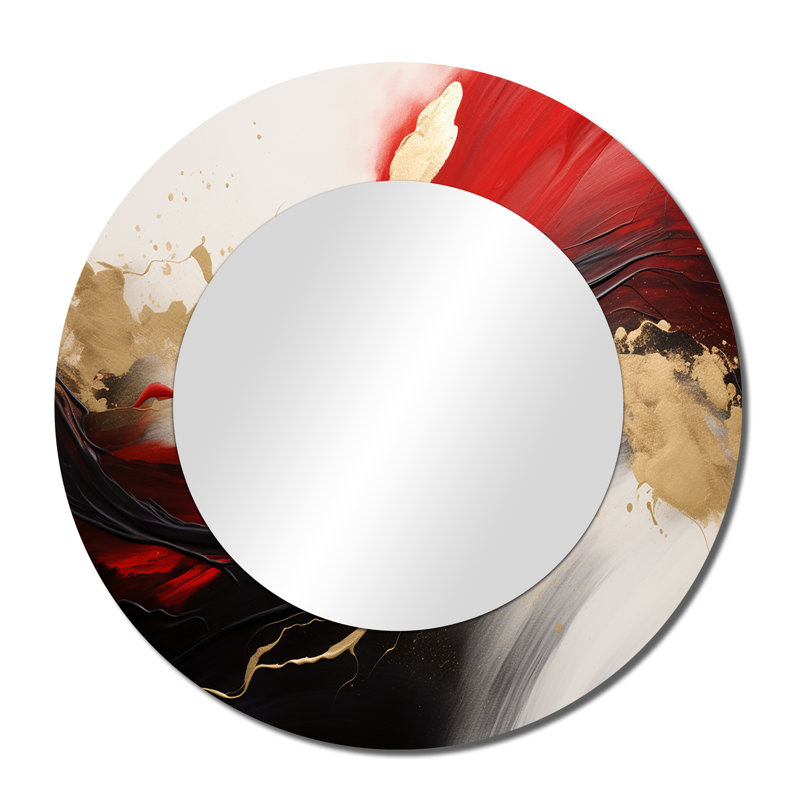 Midnight Passion Abstract Wave Scarlet & Gold II - Miroir mural décoratif rond moderne, impression métallique, 36" x 36"