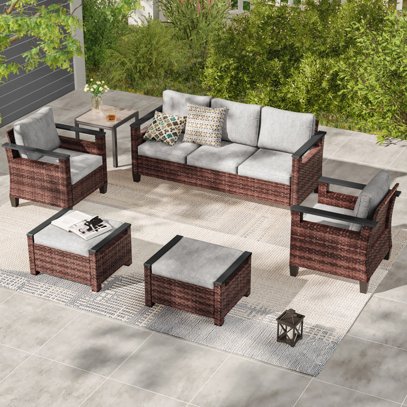 Ensemble de canapé de patio 6 pièces avec table d'appoint, canapé en PE en rotin avec coussin, Lin gris