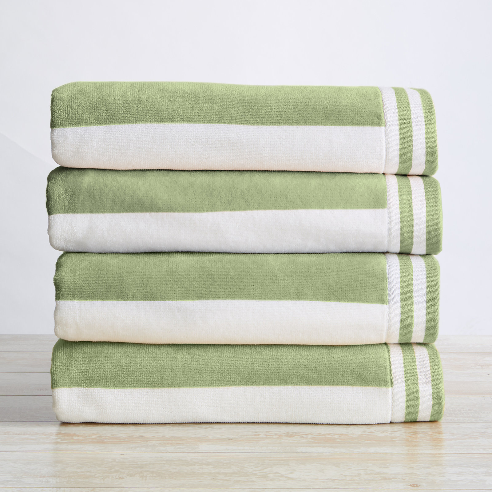 Edgartown Striped Cotton Beach Towels, Eucalyptus Green/White