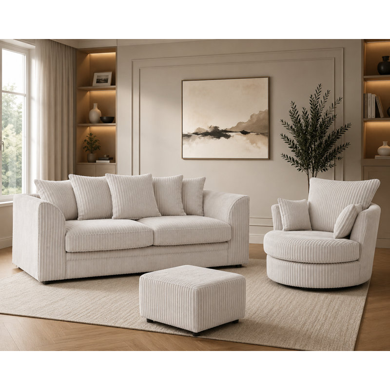 4 Piece Corduroy Standard Living Room Set, Cream
