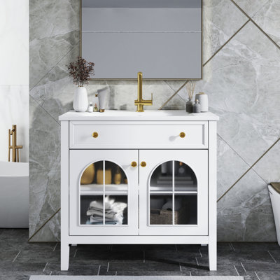 Meuble-lavabo autoportant blanc de 36 pouces avec poignées en métal, éclairage activé par le mouvement et ampleur d'espace de rangement, bande de capteur d'évier Mid-Century, tiroir rabattable, facile à nettoyer