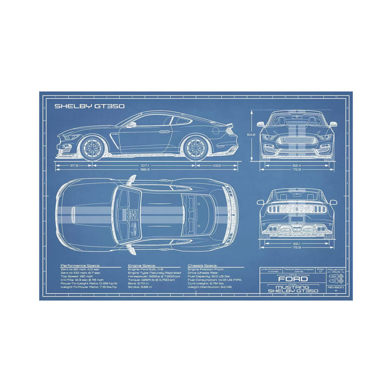 GT350 Shelby (2015-2019) Blueprint-impression de dessin, Pas de tapis, H 32 po x l 48 po x P 1,5 po, Toile tendue