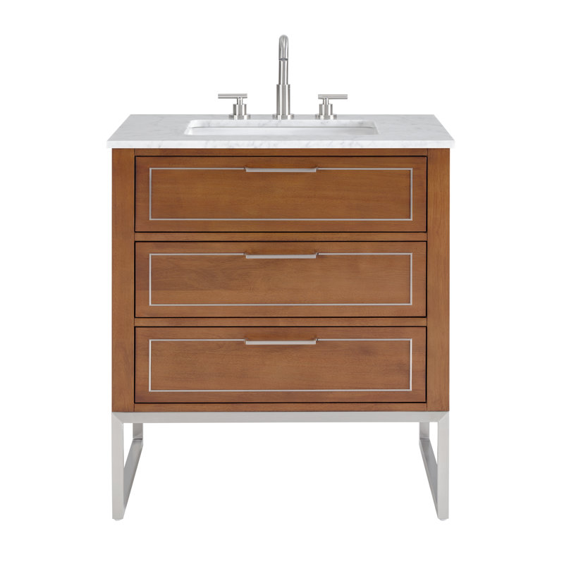 Markham 30'' W Single Vanity, Carrara Marble, Brushed Nickel, Walnut