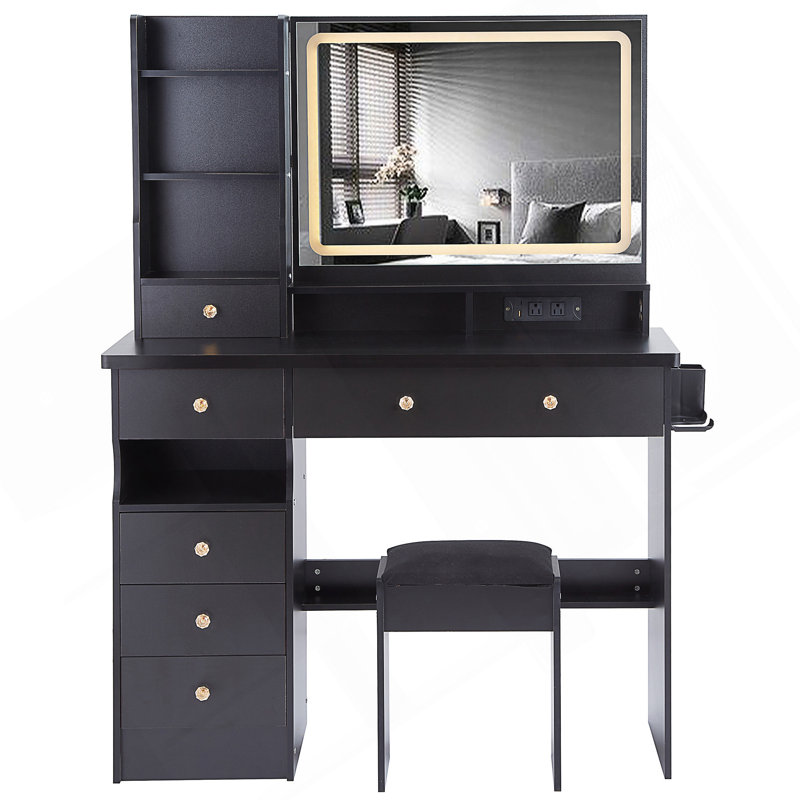 41 Inch Large Size Left Drawer Vanity Table Set With Cushioned Stool, 2 AC+2 USB Power Station, Hair Dryer Stand, Extra Large Touch Control LED Mirror, 3-Color Switch