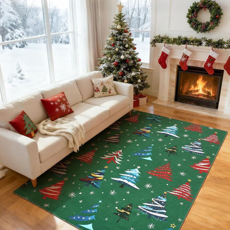  Rug, Christmas Rugs with Xmas Tree Pattern for Holiday Decor, Non Slip Low Pile Washable Rug for Kitchen, Entryway, Living Room, Bedroom, 