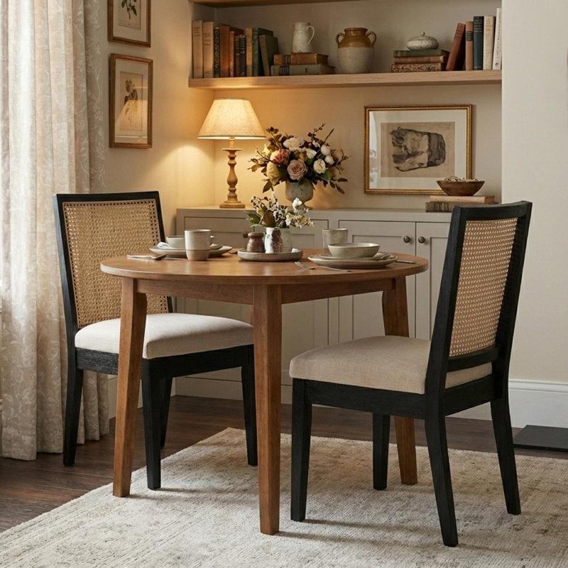 Chaise de salle à manger avec dossier en rotin Arnkell, Noir, Lin beige