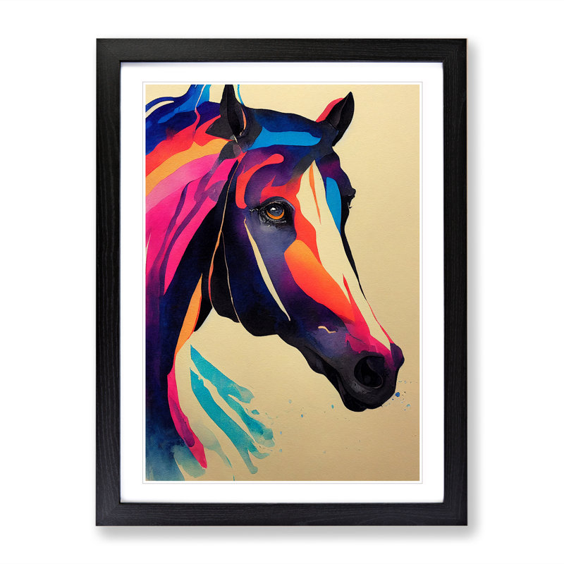 Horse Watercolour No.4 Abstract 1 Piece Single Picture Frame Painting, 34cm H x 25cm W x 2cm D, Black