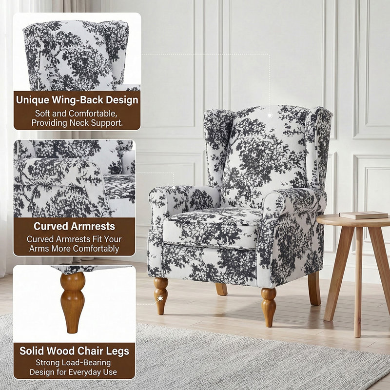 2-Piece Upholstered Wingback Accent Chair and Round Rubberwood Side Table Lounge Set, Floral