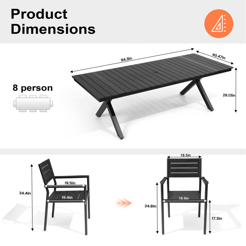 8 - Person Outdoor Patio Dining Set With Umbrella Hole And Armed Chairs, Black