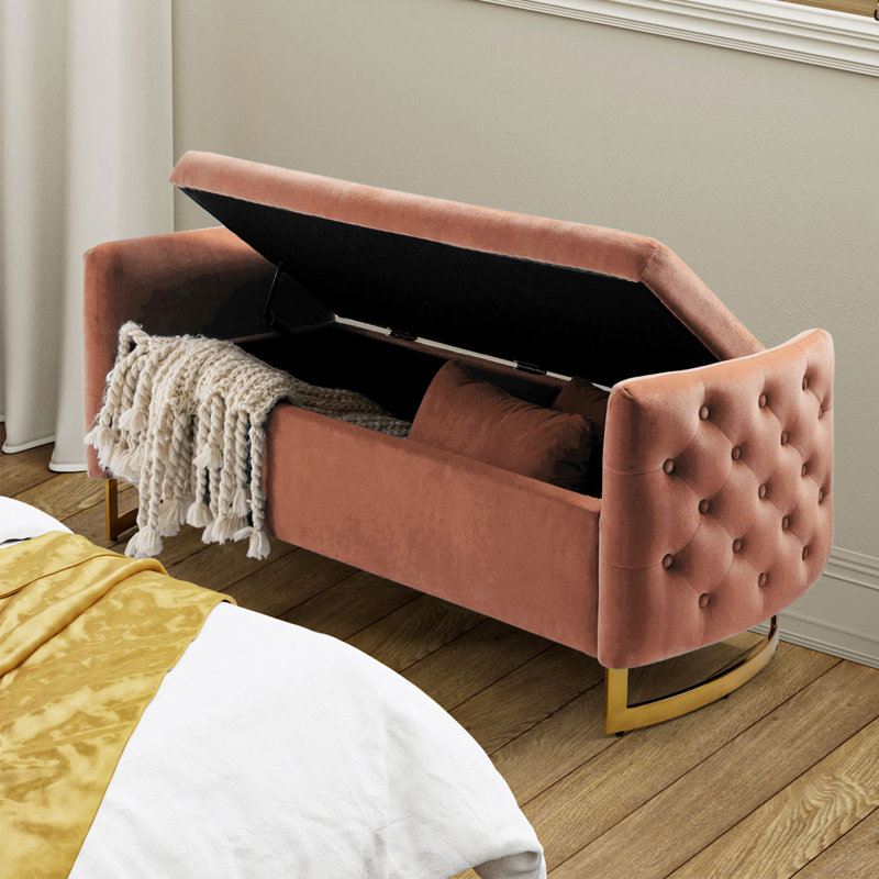 Aristides 58.5" W Upholstered Flip-Top Storage Bench with Two Pillows, Coral