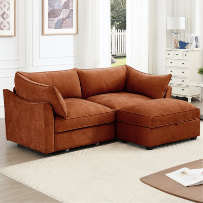 2 Seater With Footrest And Pull - Out Storage Drawers, Orange Chenille Wrapped Armrest , Clean Line Structural Design, Piping Decorated Cushion Edges, Skin Material, Available In Different Sizes Seat