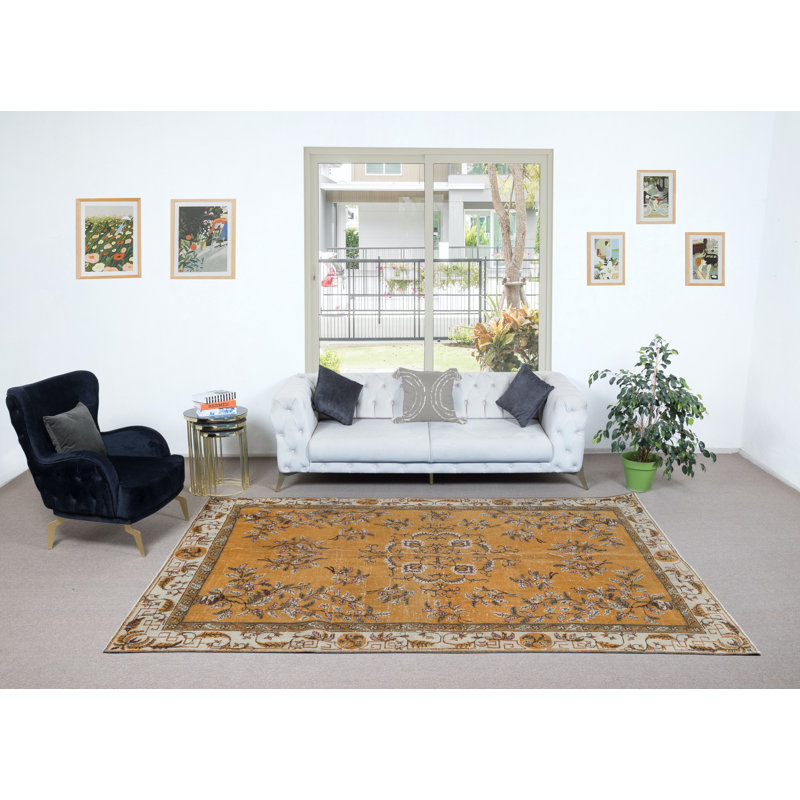 Tapis unique fabriqué à la main d'inspiration art déco en porcelaine de Chine 6,6 x 10 pi orange et beige