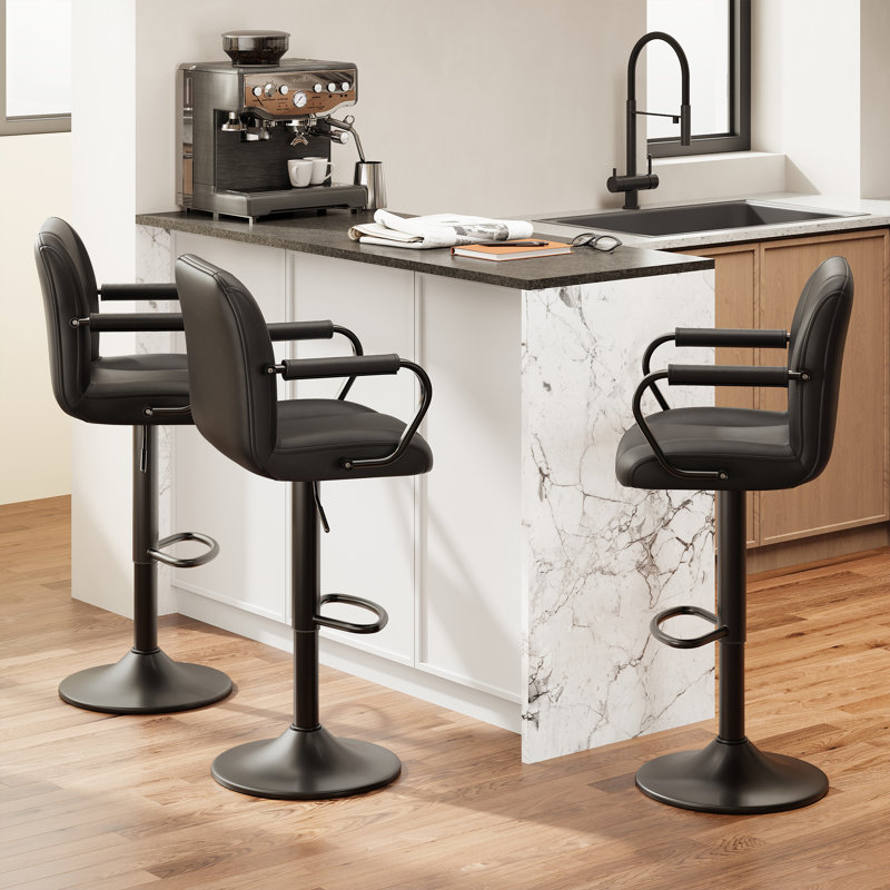 Tavion Adjustable Swivel Faux Leather Bar Stool with Armrests and Footrest, Black, Black