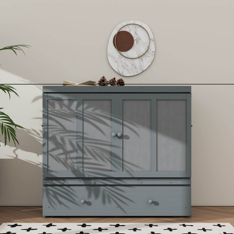 Lit escamotable avec tiroir de rangement intégré, gris, Double