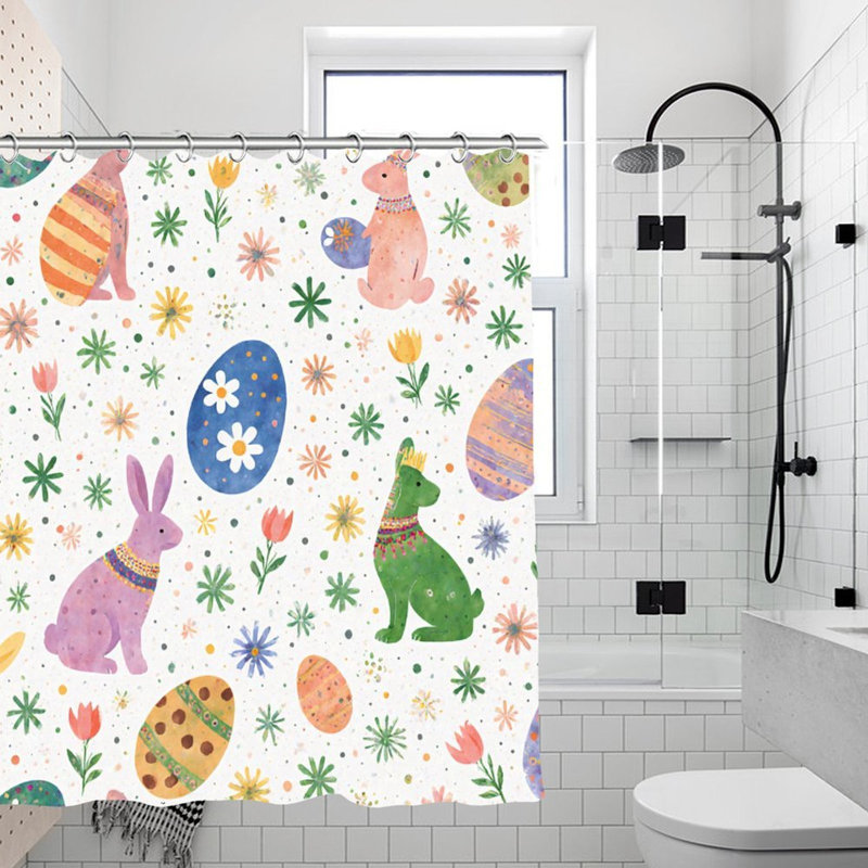 Rideaux de douche colorés œufs de Pâques et lapins, 71 × 71, Lapin rose 2