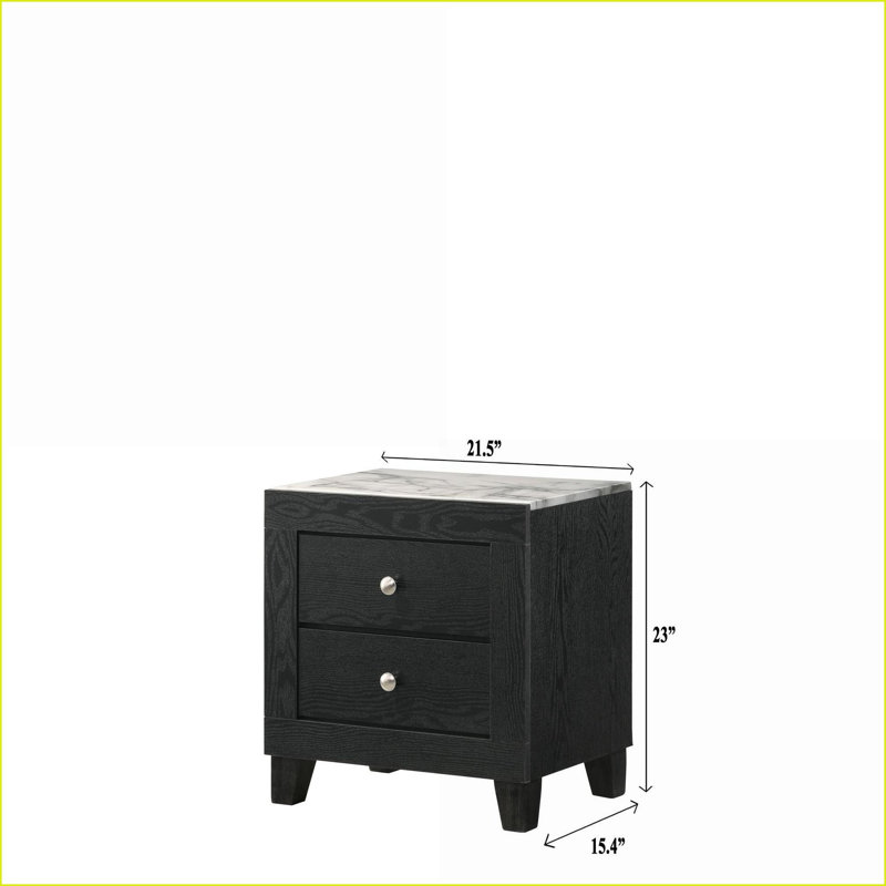 Table de chevet 2 tiroirs Modern - plateau en faux marbre blanc, finition noire