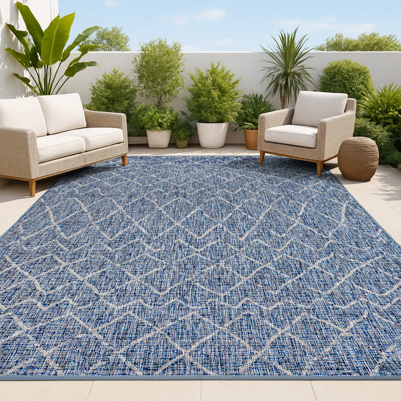 Bri Moroccan Trellis Navy/Light Gray Indoor/Outdoor Rug, Rectangle 3' x 5'