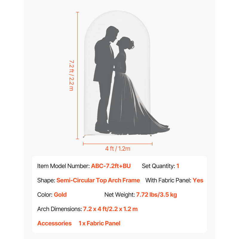 Support en arche, 7,2 x 4 pi, structure stable, facile à assembler, support en arche en métal doré avec couvercle pour mariage, fête d'anniversaire, célébration des fêtes et décoration de cérémonie