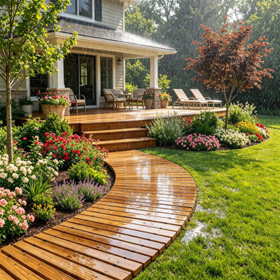 7FT Curved Wooden Garden Pathway, 17" Wide Roll Out Hardwood Walkway with Non-Slip Surface for Backyard Wedding
