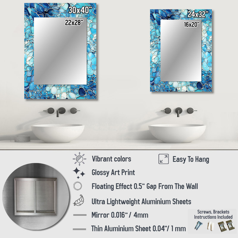 Ocean Blue Mosaic Turquoise - tropical  Decorative Mirror, Botanical, Floral Wall Mirror, Printed Metal Art, 32" x 24"
