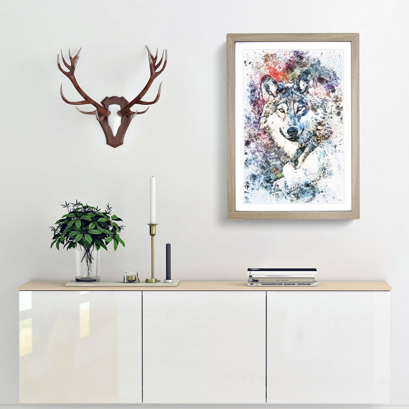 Wolf in Abstract - Picture Frame Painting Print, 76cm H x 50cm W x 2cm D, Oak