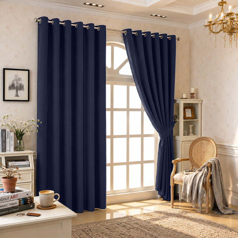 100 % Polyester Blackout Eyelet Room Darkening  Thermal Curtain (Set of 2), Navy, 168 cm Width x 137 cm Drop