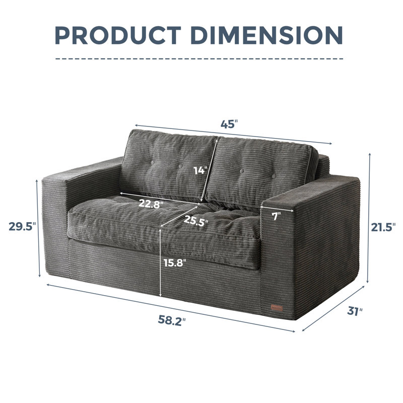 Boneless 2 Seater Couch For Living Room, Boneless Loveseat Sofa With Tufted Cushion & Backrest, Upholstered Floor Sofa With Armrests