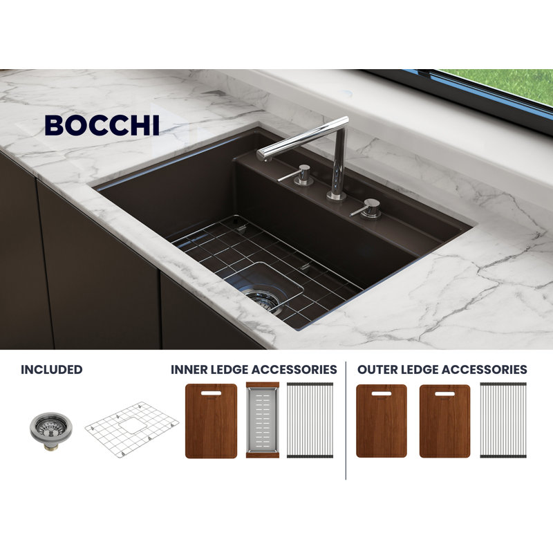 Support double en argile réfractaire 27 po Baveno Uno Évier de cuisine à simple cuve avec accessoires, 3 hole, Brun mat