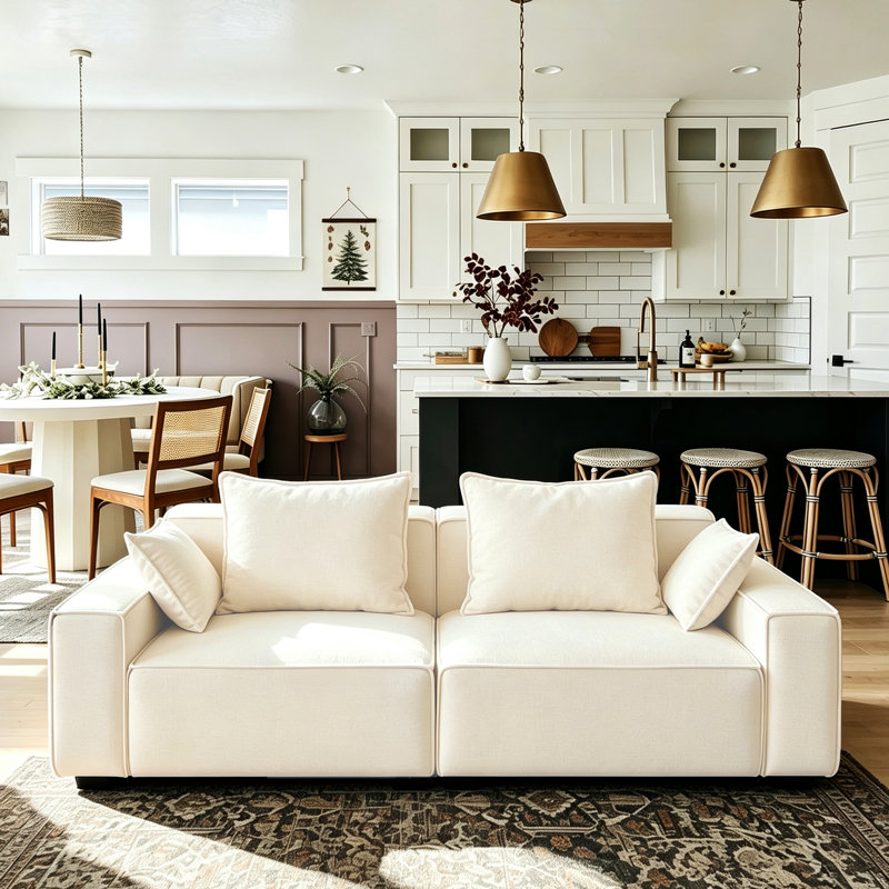 Makassar 89.37' Sofa with Square Armrests, Chenille beige