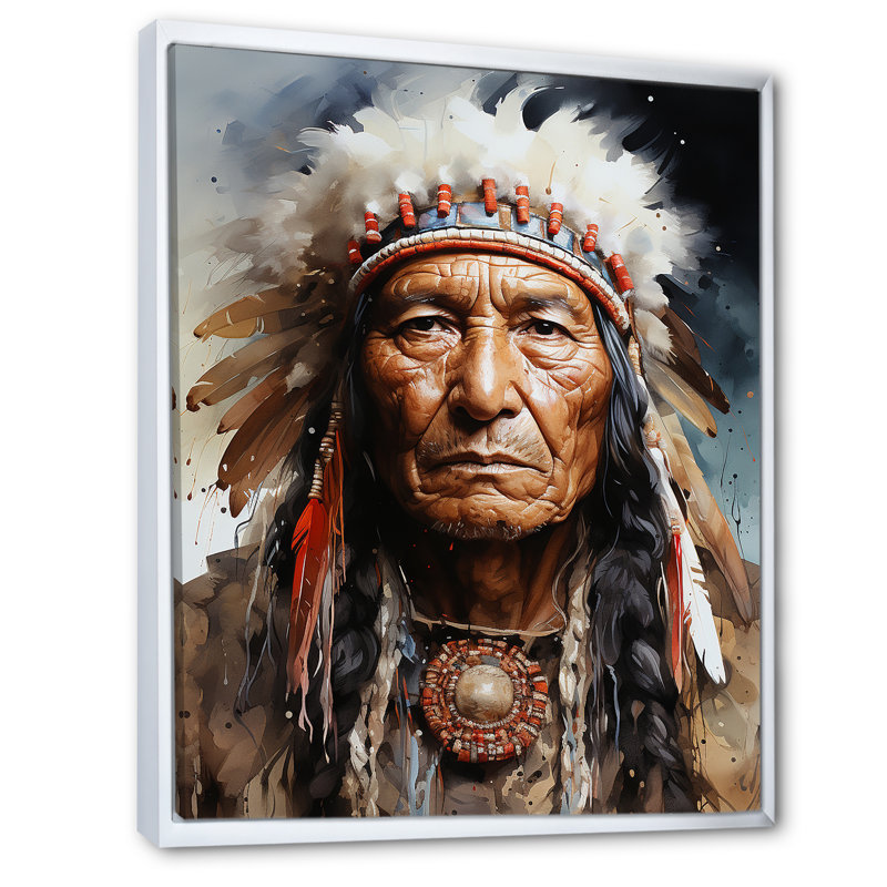Portrait de Lakota amérindien, H 40 po x l 30 po x P 1,5 po, Cadre flottant blanc