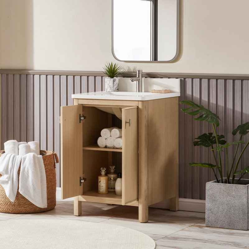 Argens 24 In. Single Sink Freestanding Bath Vanity In White Oak With Carrara Quartz Top, 24"