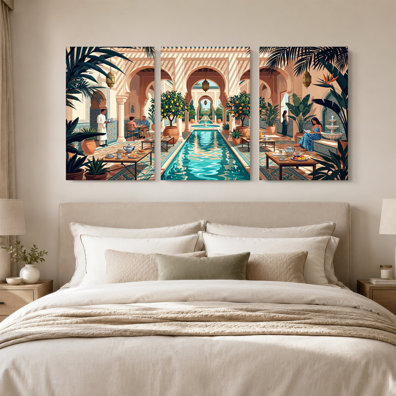 Ensemble de 3 toiles marocaines sur cour marocaine avec oranges et citronniers, 18"H x 12"W x 3pcs