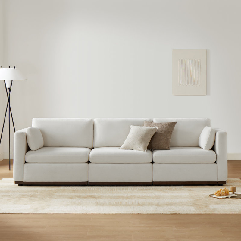 112" W 3-Piece Polyester Upholstered Modular Sofa with Reversible Cushions, Cream White