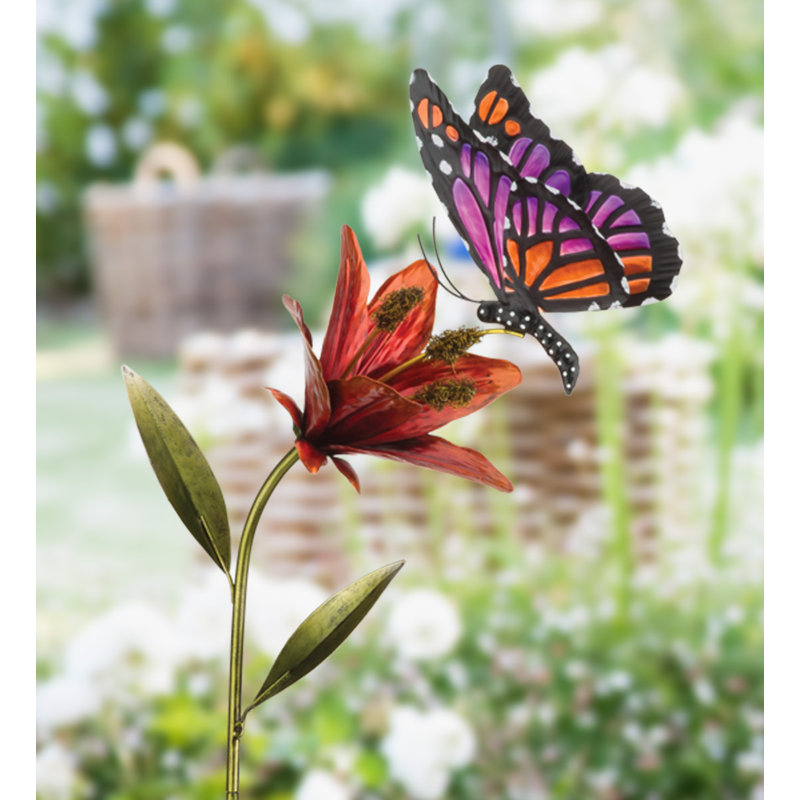 Piquet de jardin 45 po papillon et fleur en métal avec peinture résistante aux intempéries et piquet robuste - rose, Rose