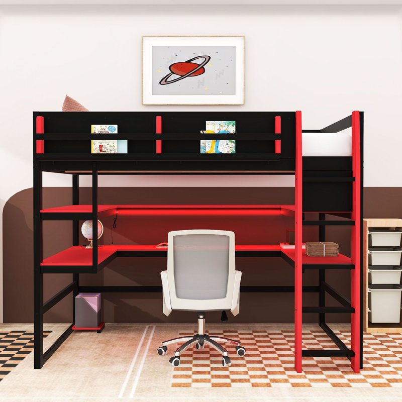 Gaming Wood Loft Bed with Shelves, Built-In Desk, USB Ports and RGB LED Lighting, Red, Full