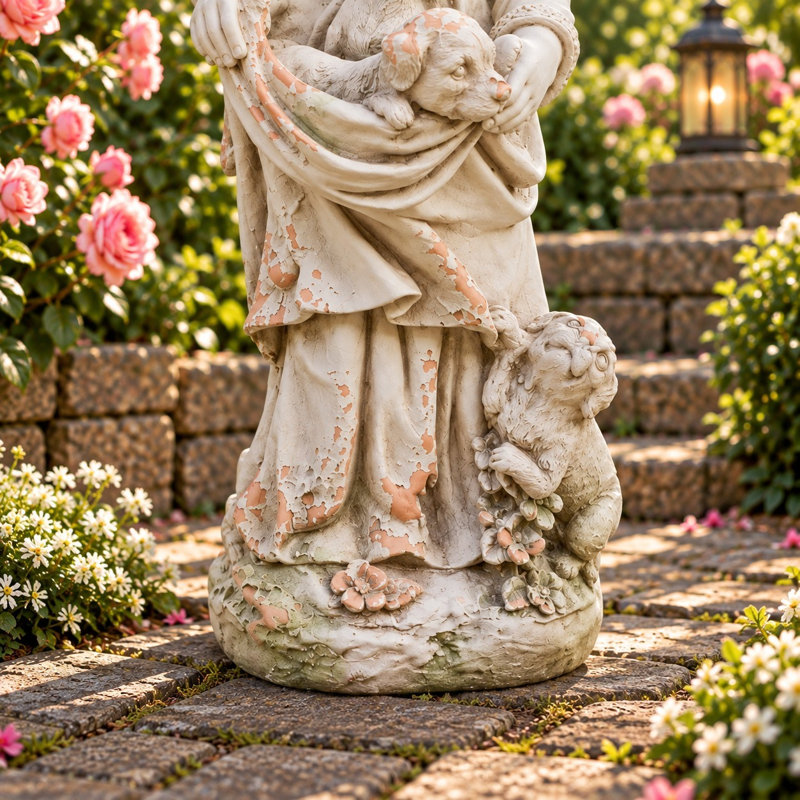 Statue de jardin « Heather » représentant un chérubin et ses chiots, d'une hauteur de 68,5 cm (27 pouces).