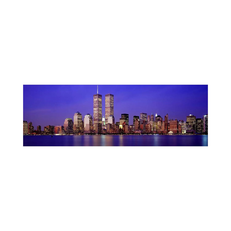 Buildings at the Waterfront Lit up at Dusk, World Trade Center, Wall Street, Manhattan, New York City, New York State, USA 1 Piece Wrapped Canvas Panoramic Wall Art
